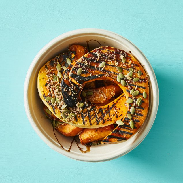 Charred Pumpkin Wedges, Pepitas And Pomegranate Dressing 